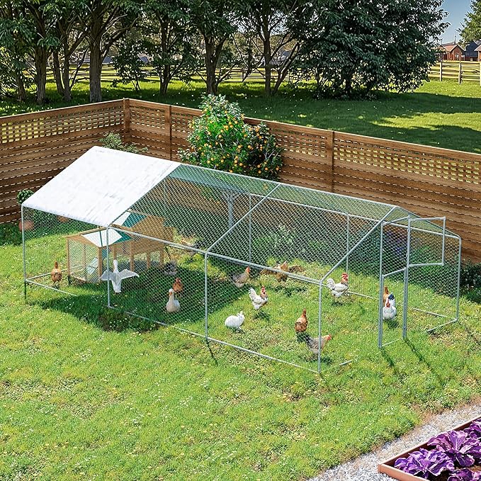 Large Metal Chicken Coop,19.7x9.8x6.4 FT Chicken Run for Yard with Waterproof & Anti-UV Cover,Walk in Chicken Pen with Feeding Door (19.7 * 9.8 * 6.4 ft)