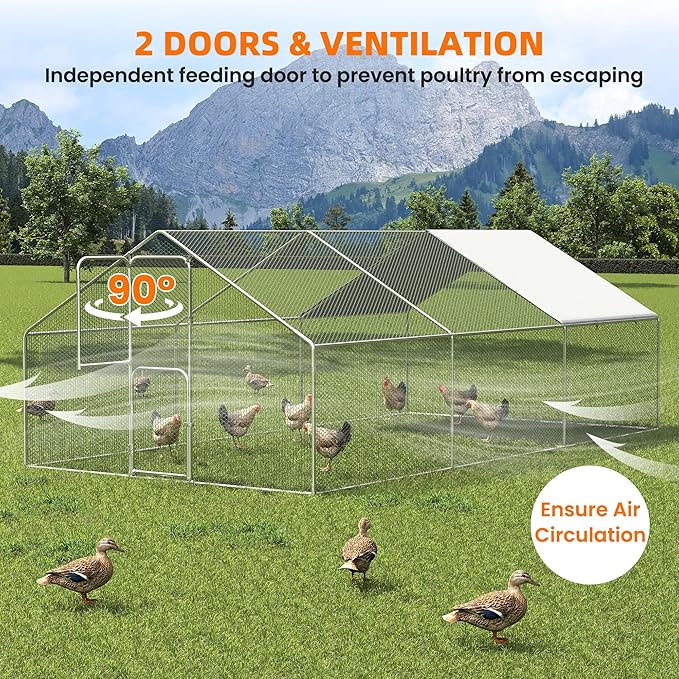UDPATIO Large Metal Chicken Coop Run House, Walk in Heavy Duty Outdoor Enclosure w/Cover for 30+ Chickens, Ducks, Rabbits - Predator Proof Poultry Pen Habitat Hutch
