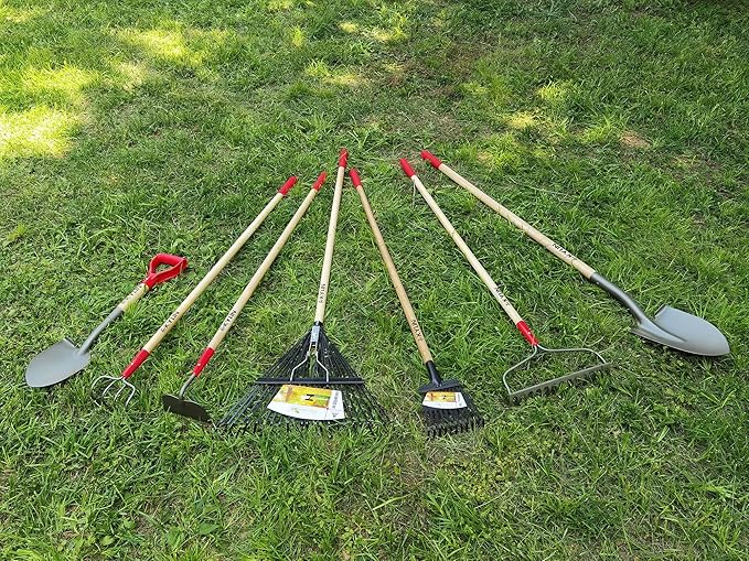 GardenAll 7-Piece Shovels Rakes Hoe Set Long Wood Handle Garden Tools Set Gifts for Women Pointy Shovels for Digging Short Handle Shovel Meteal Rakes Cultivator Set