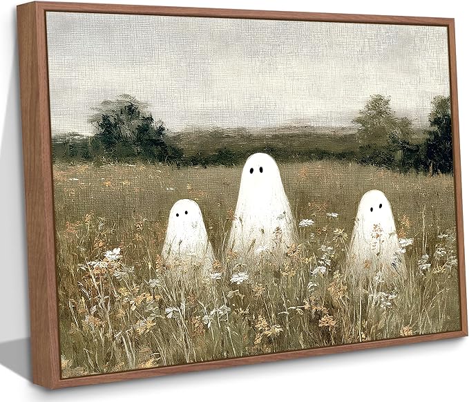 Framed Halloween Canvas Wall Art Wildflowers Meadow Ghost Poster Print Cute Ghost Picture Autumn Vintage Aesthetic Wall Decor for Bedroom Living Room 8x10in