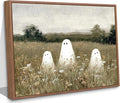 Framed Halloween Canvas Wall Art Wildflowers Meadow Ghost Poster Print Cute Ghost Picture Autumn Vintage Aesthetic Wall Decor for Bedroom Living Room 12x16in