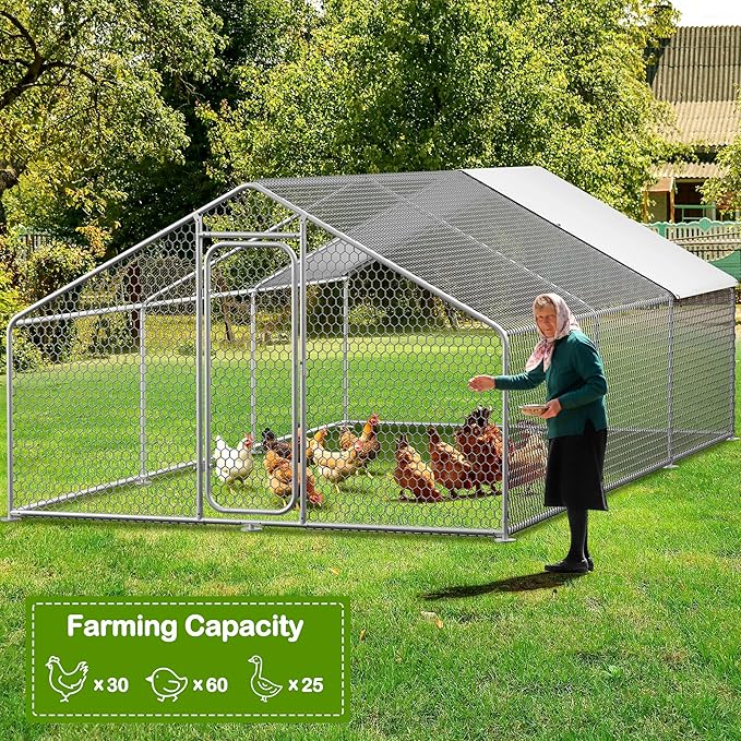 Large Metal Chicken Coop,19.7'L x 9.8'W x 6.6'H Chicken Run,Walk in Chicken Pen with Cover for Yard,Large Poultry Cage for Duck Rabbit