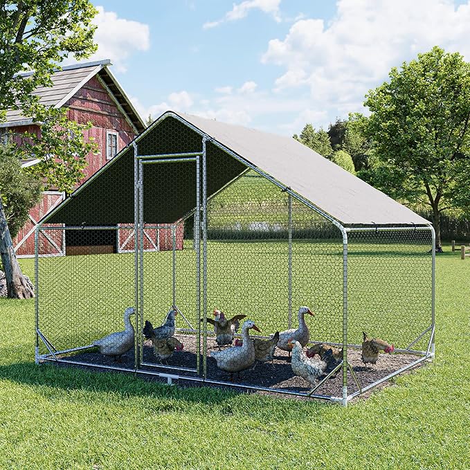 Large Metal Chicken Coop Walk-in Poultry Cage Hen Run House Habitat Spire Shaped Cage with Waterproof and Anti-Ultraviolet Cover for Outdoor Backyard Farm Use (6.5’ L × 9.84’ W)