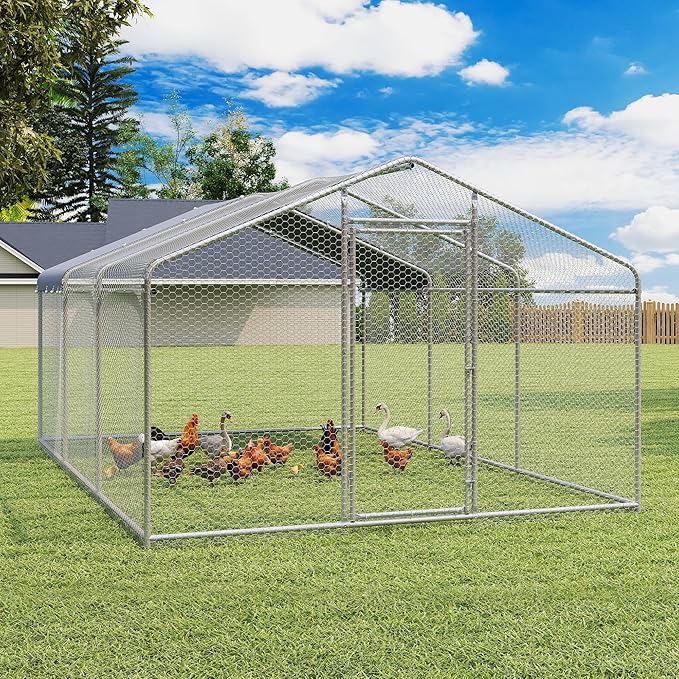 Large Metal Chicken Coop, Walk-in Chicken Run Pen with Waterproof Cover, Spire Roof Hen House Poultry Cage for Outdoor, Backyard, Farm(8.9x18.9 FT)