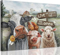 Funny Farm Animals Canvas Wall Art Rustic Farmhouse Poster Print Picture Cute Cow Sheep Pig Chicken Barn Country Sign Painting Artwork Wall Decor for Dining Room Bedroom Kitchen 16x24in Framed