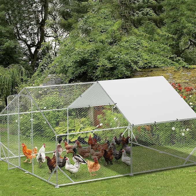 Large Metal Chicken Coop, Walk-in Poultry Cage, Chicken Run Pen House with Reinforcement & Waterproof & Anti-Ultraviolet Cover Chicken Coop Run with Double Lockable Doors for Outdoor 9.8 x13.1X 6.6ft
