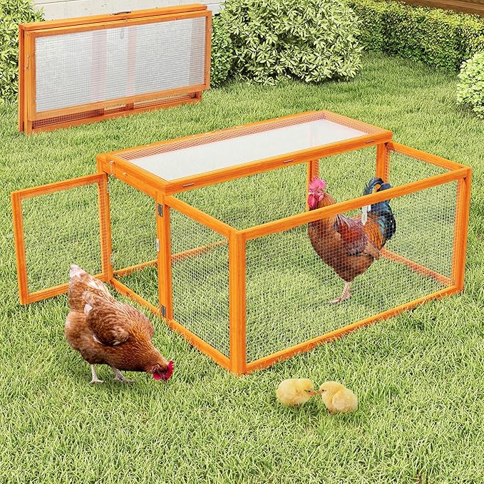 Portable Chicken Coop with UV-Proof Panel, 4X Garden Stakes, Wooden Rabbit Hutch, Chicken Brooder Box Indoor, Outdoor Folding Chicken Cage, Top & Side Openable Doors, 43.3Inch (Orange)