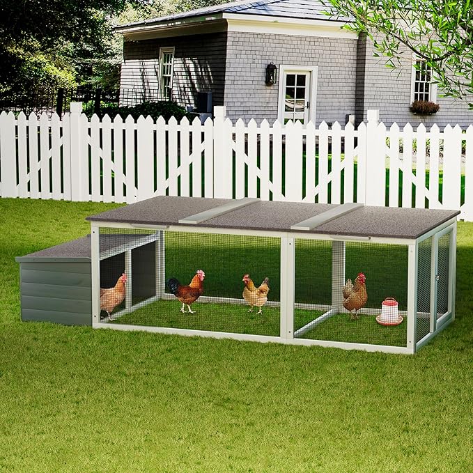 Large Wooden Chicken Coop,Outdoor Hen House with Nesting Box and Weatherproof Asphalt Roof,Walk-in Poultry Cage W/Secure Locks,Metal Mesh Run for Backyard Farm Use,Easy Assemble,Gray