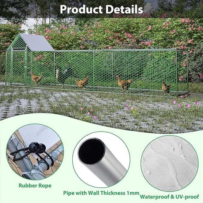 KEIKI Large Metal Chicken Coop, Metal Chicken Run with Waterproof Cover, Farm Poultry Run Hutch Hen House, Outdoor Walk-in Chicken Pen for Poultry Duck Rabbit, 16.33ft x 3.52ft x 4.97ft