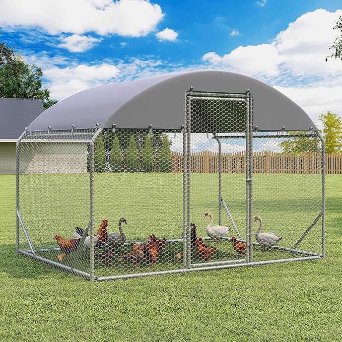 Large Metal Chicken Coop, Walk-in Chicken Run Pen with Waterproof Cover, Dome Roof Poultry Cage for Outdoor, Backyard, Farm