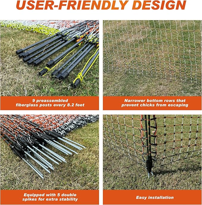 Poultry Electric Netting Fence - 47.3''H (can be Manually Raised to 59.1''H) x 65.6'L for Flying Chicken, Sheep, Goats in Farms, Ranches and Gardens, PK1