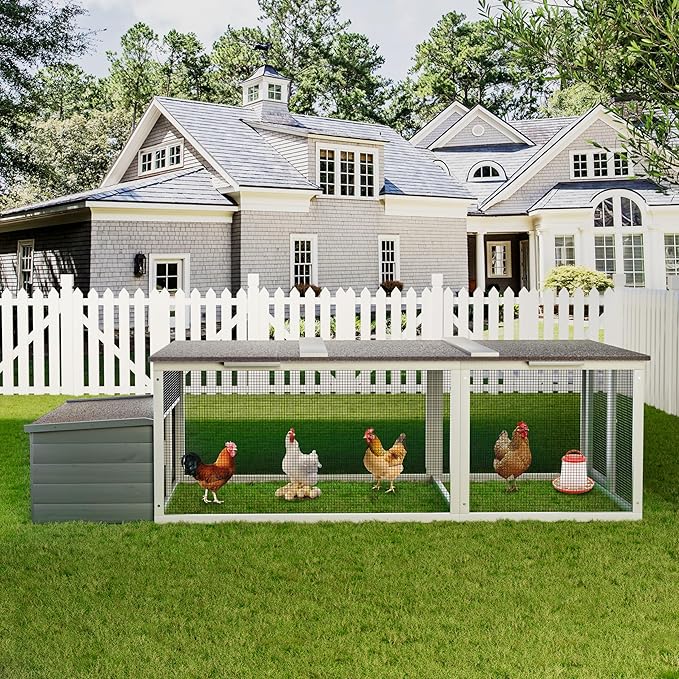 Large Wooden Chicken Coop,Outdoor Hen House with Nesting Box and Weatherproof Asphalt Roof,Walk-in Poultry Cage W/Secure Locks,Metal Mesh Run for Backyard Farm Use,Easy Assemble,Gray
