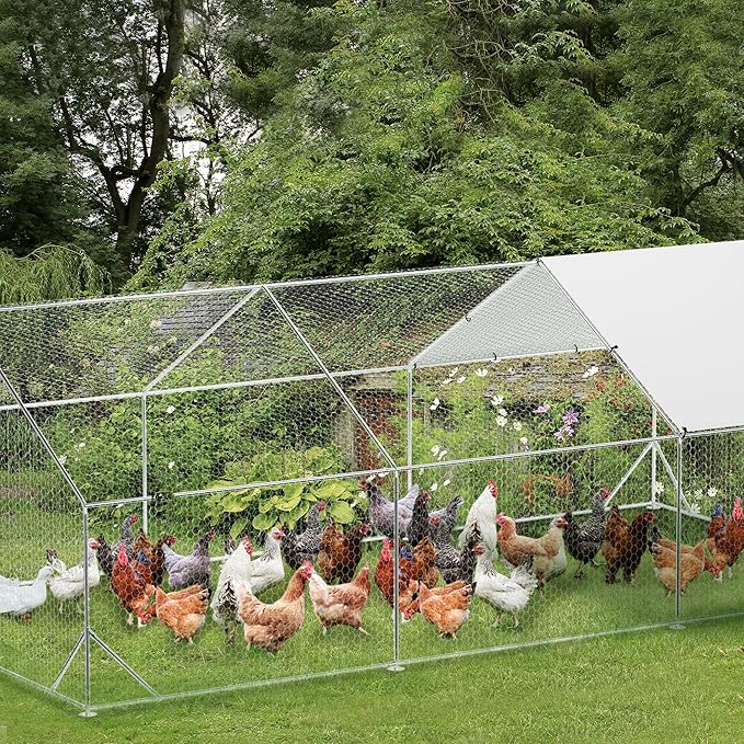 Large Metal Chicken Coop, 19.7'L x 9.8'W x 6.6'H Walk-in Poultry Cage, Chicken Run Pen House with Waterproof & Anti-Ultraviolet Cover Chicken Coop Run for Outdoor Backyard Farm
