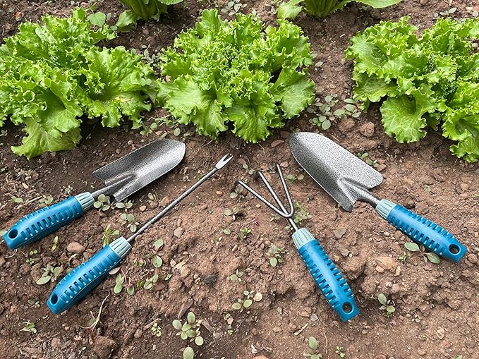 4 Piece Garden Tool Set Heavy Duty, Gardening Hand Tools Work No-Slip Grip Trowel Transplanter Weeder Hand Rake, Ergonomic Handle Indoor Outdoor