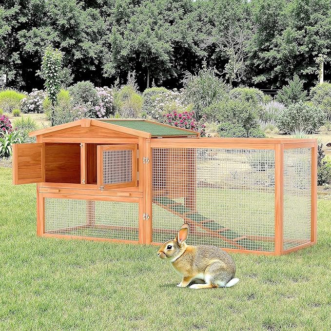 Rabbit Hutch Outdoor 2 Tier Rabbit Cage Wooden Chicken Coop with Run, Small Animal Cage with Opening Tops 60 "L x 23 "W x 23 "H
