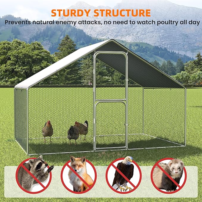 UDPATIO Large Metal Chicken Coop Walk in, Outdoor Heavy Duty Chickens Pen Run w/Cover for 10-15 Chickens - Predator Proof Poultry House