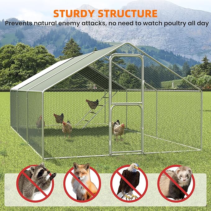 UDPATIO Large Chicken Coop & Metal Run - Spacious Walk in Pen for 20-30 Chickens with Double Feed Door, UV-Resistant Cover, Galvanized Frame - Duck & Rabbit House