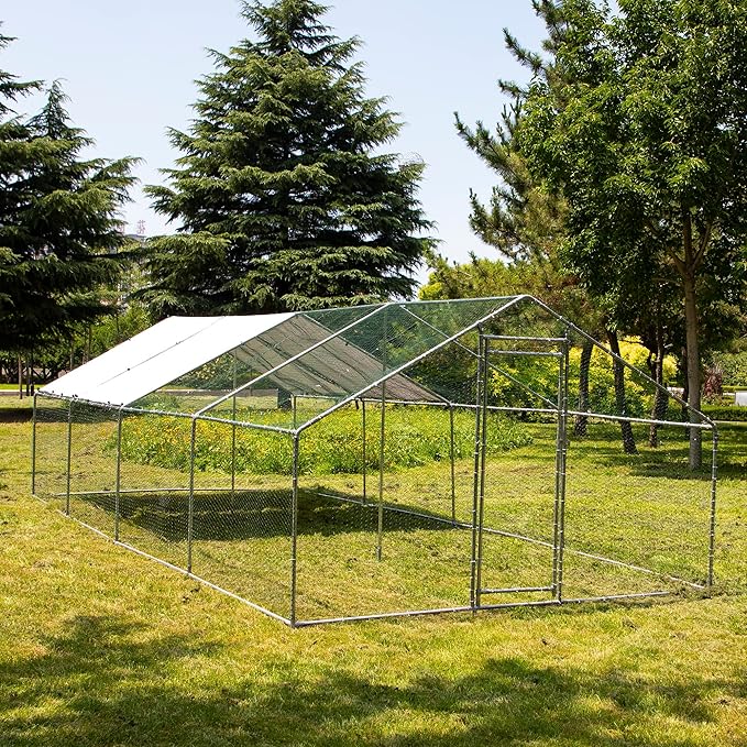 IchbinGo Large Metal Chicken Coop with Waterproof Cover, Walk-in Metal Poultry Cage Spire Shaped Coop, Chicken Run Duck House with Anti-UV Cover for Outdoor Backyard Farm (10' L x 25.5' W x 6.56' H)