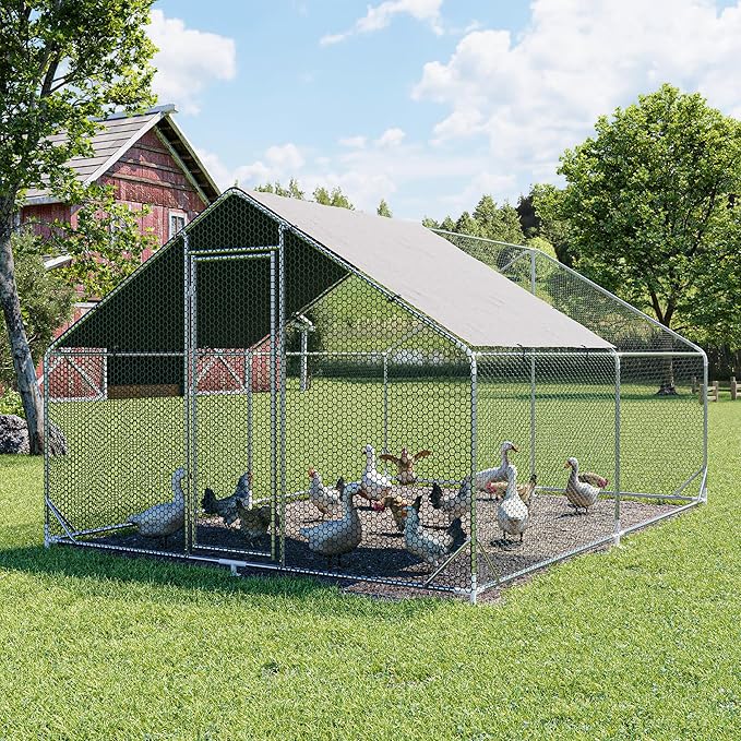 Large Metal Chicken Coop Walk-in Poultry Cage Hen Run House Spire Shaped Cage with Waterproof and Anti-Ultraviolet Cover for Outdoor Backyard Farm Use (13.2’ L × 9.84’ W)
