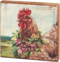 Spring Floral Chicken Sign for Home Décor, Primitives by Kathy Natural Wood Block Sign, Rustic Style with Distressed Details, Hand Painted Art, 6 by 6 Inches, Designed for Wall or Tabletop Display