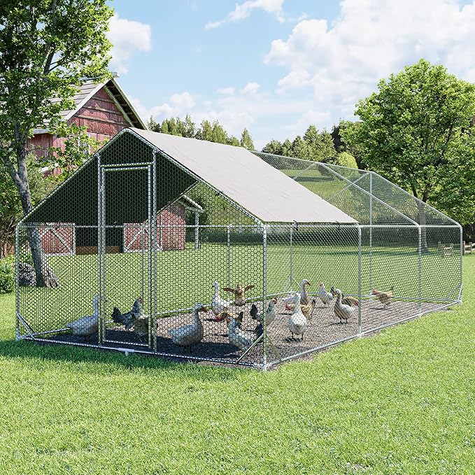 Large Metal Chicken Coop Walk-in Poultry Cage Hen Run House Habitat Spire Shaped Cage with Waterproof and Anti-Ultraviolet Cover for Outdoor Backyard Farm Use (19.68’ L×9.84’ W)