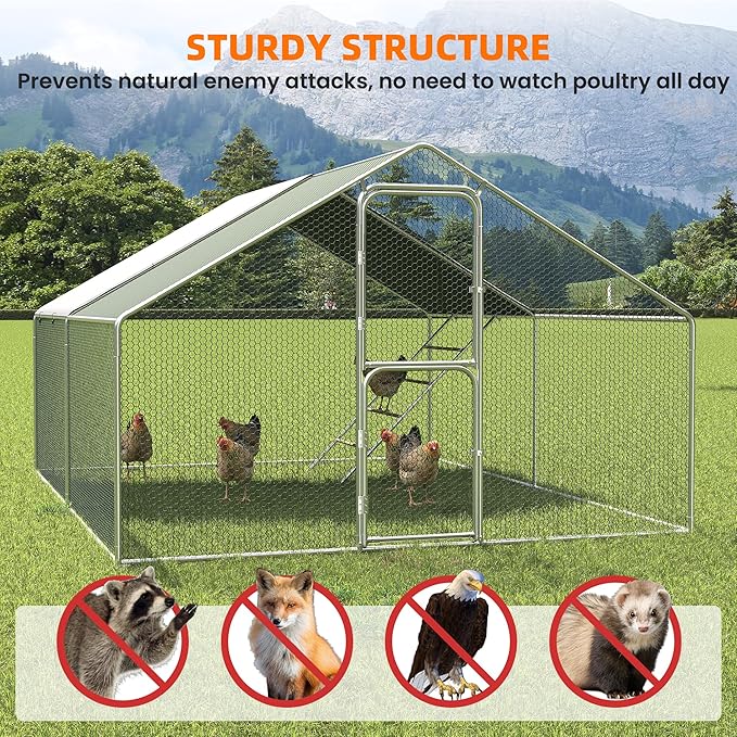 UDPATIO Large Metal Chicken Coop, Spacious Walk in Run Pen for 10-20 Chickens with Double Feed Door, UV-Resistant Cover, Galvanized Frame - Duck & Rabbit Hen House