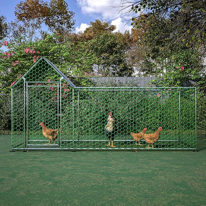 KEIKI Large Metal Chicken Coop, Metal Chicken Run with Waterproof Cover, Farm Poultry Run Hutch Hen House, Outdoor Walk-in Chicken Pen for Poultry Duck Rabbit, 9.93ft x 3.52ft x 4.97ft