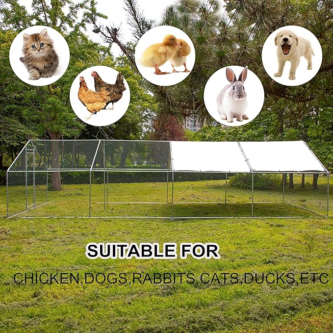 IchbinGo Large Metal Chicken Coop with Waterproof Cover, Walk-in Metal Poultry Cage Spire Shaped Coop, Chicken Run Duck House with Anti-UV Cover for Outdoor Backyard Farm (10' L x 25.5' W x 6.56' H)