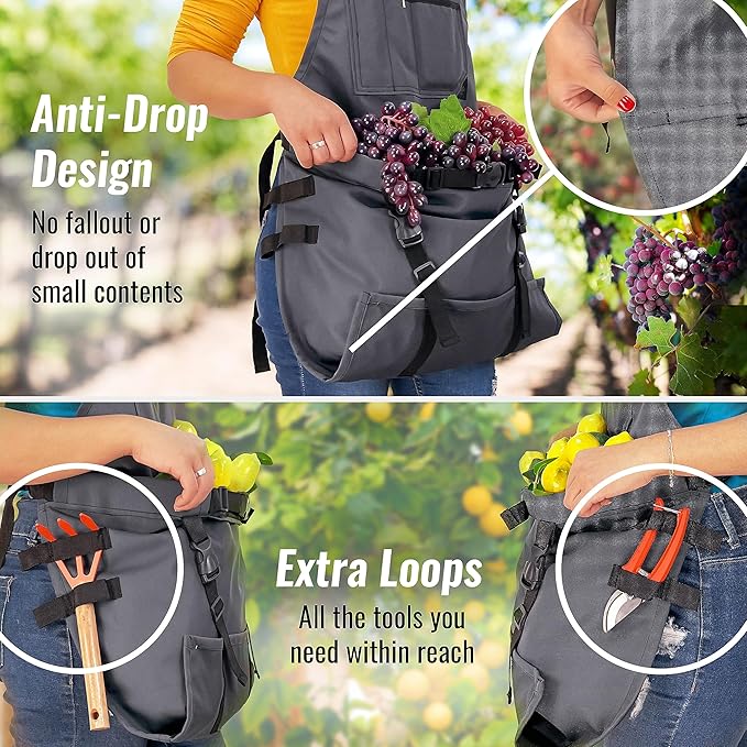 Under NY Sky Gardening Apron – Harvest Pouch, Pockets, Loops, Cross-back Straps, Water-Resistant, Adjustable for Men & Women