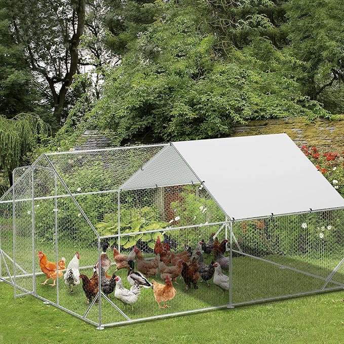 Large Metal Chicken Coop, 13.1'L x 9.8'W x 6.6'H Walk-in Poultry Cage, Chicken Run Pen House with Waterproof & Anti-Ultraviolet Cover Chicken Coop Run for Outdoor Backyard Farm