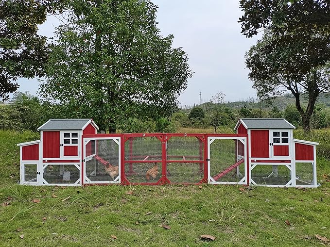 Chicken Coop Mobile Wooden Hen House with Nesting Box,191" L Outdoor Chicken House with Wheels and Removable Tray,Fir Wood Chicken Tractor with 6 Ventilation Door,Ramp,Red(2 Sets)