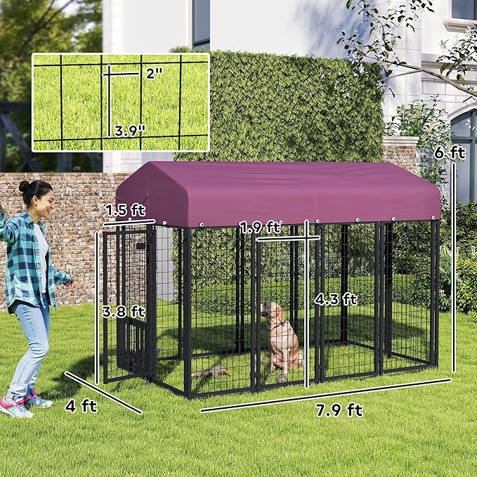 PawHut Outdoor Dog Kennel with Roof, 8' x 4' x 6' Heavy Duty Welded Wire Dog Playpen Enclosure with Escape-Proof Lock, Adjustable Bowls, UV-Resistant & Waterproof Cover, for S&M&L Breeds, Silver