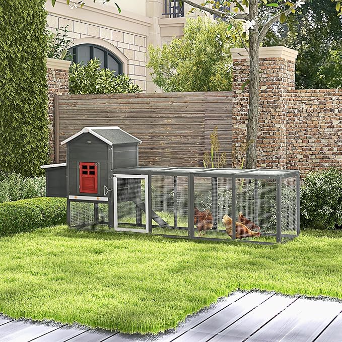 PawHut 118" Extra Large Chicken Coop with Asphalt Roof, Wooden Hen Run with Slide-Out Tray and Nesting Box, Chicken Hutch for 3-6 Chickens, Gray