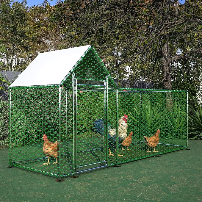 KEIKI Large Metal Chicken Coop, Metal Chicken Run with Waterproof Cover, Farm Poultry Run Hutch Hen House, Outdoor Walk-in Chicken Pen for Poultry Duck Rabbit, 9.93ft x 3.52ft x 4.97ft