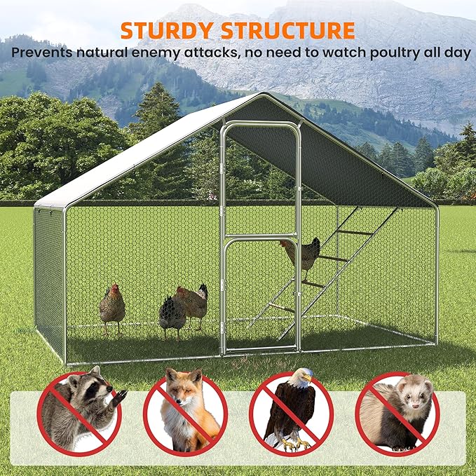 UDPATIO Chicken Coop & Metal Run - Spacious Walk in Pen for 10 Chickens with Double Feed Door, UV-Resistant Cover, Galvanized Frame - Duck & Rabbit House