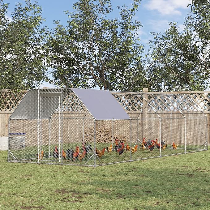 PawHut Large Chicken Coop Metal Chicken Run with Waterproof and Anti-UV Cover, Flat Shaped Walk in Fence Cage Hen House for Outdoor and Yard Farm Use, 1" Tube Diameter, 9.2' x 24.9' x 6.4'