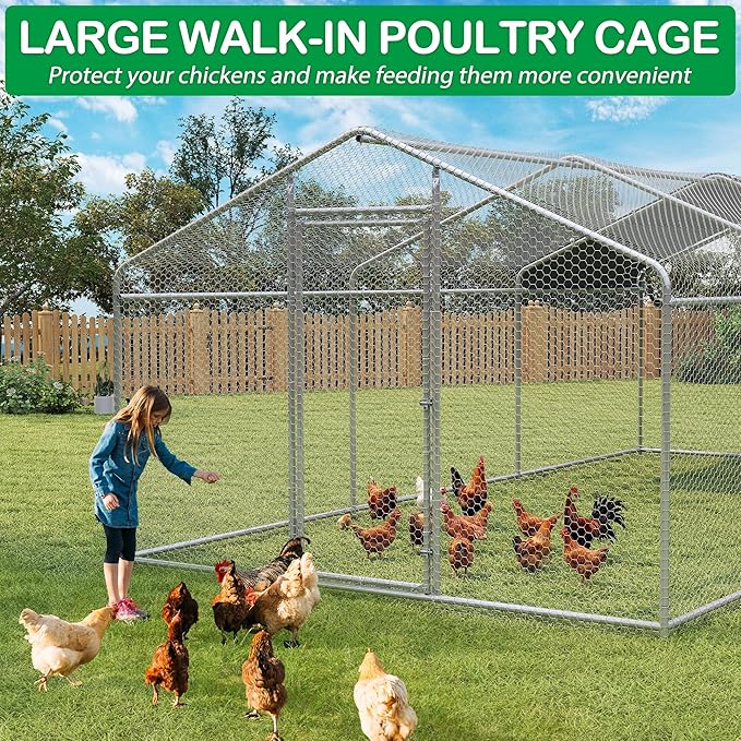 Large Metal Chicken Coop, Walk-in Chicken Run Pen with Waterproof Cover, Spire Roof Hen House Poultry Cage for Outdoor, Backyard, Farm(8.9x18.9 FT)