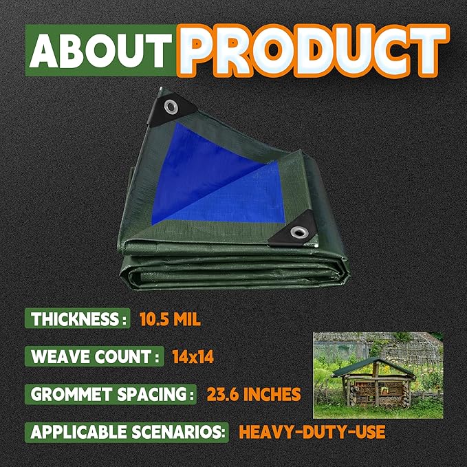 RAINDEWAY Tarps Heavy Duty Waterproof 8x8 Feet,10.5 Mil Waterproof Tarps for Outdoors,Multipurpose Poly Tarp Cover with Metal Grommets and Reinforced Edges,Green/Blue