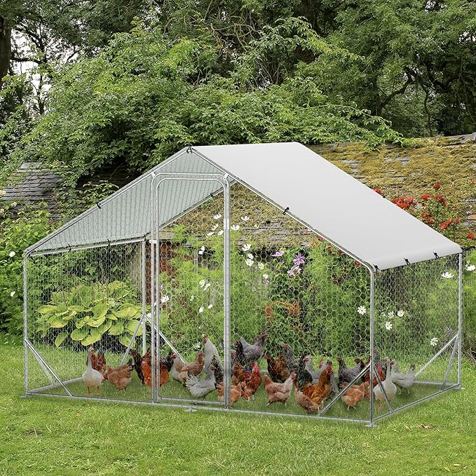Large Metal Chicken Coop, 9.8'L x 6.5'W x 6.5'H Walk-in Poultry Cage, Chicken Run Pen House with Waterproof & Anti-Ultraviolet Cover Chicken Coop Run for Outdoor Backyard Farm