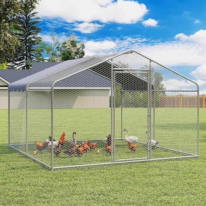 Large Metal Chicken Coop, Walk-in Chicken Run Pen with Waterproof Cover, Spire Roof Poultry Cage Run for Outdoors, Backyard, Farm(9.7'Wx12.99'Lx6.4'H)