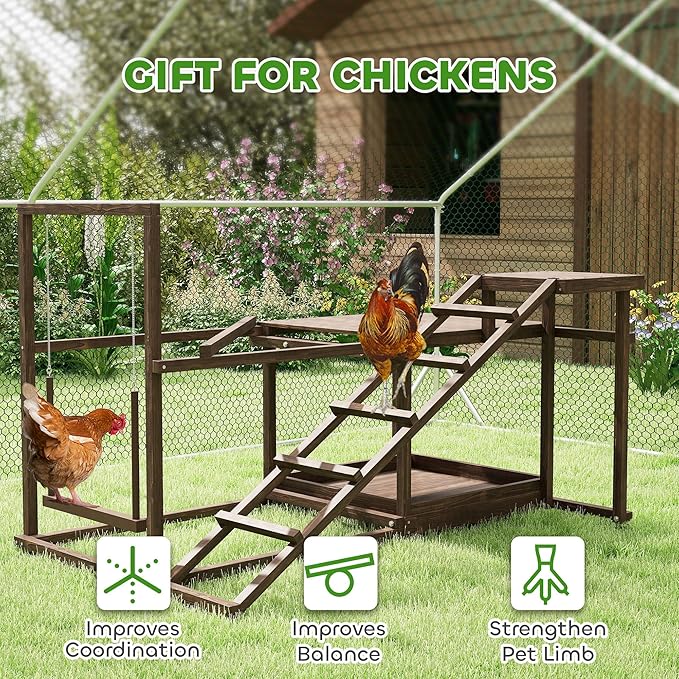 PawHut Wooden Chicken Coop Perches with Swing, Roosting Bars, Activity Play Set, Chicken Coop Accessory Toys for Coop, Coffee