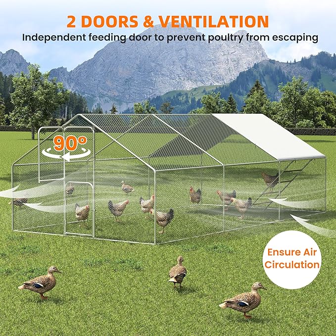 UDPATIO Large Chicken Coop & Metal Run - Spacious Walk in Pen for 20-30 Chickens with Double Feed Door, UV-Resistant Cover, Galvanized Frame - Duck & Rabbit House