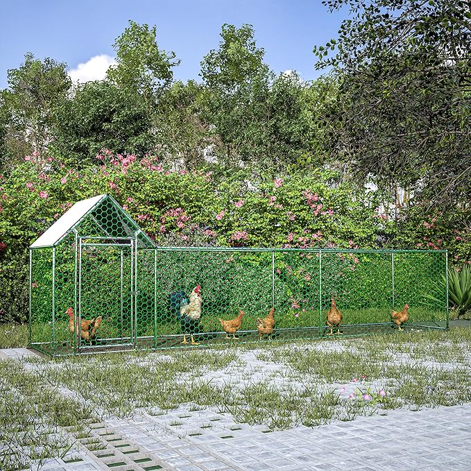 KEIKI Large Metal Chicken Coop, Metal Chicken Run with Waterproof Cover, Farm Poultry Run Hutch Hen House, Outdoor Walk-in Chicken Pen for Poultry Duck Rabbit, 16.33ft x 3.52ft x 4.97ft