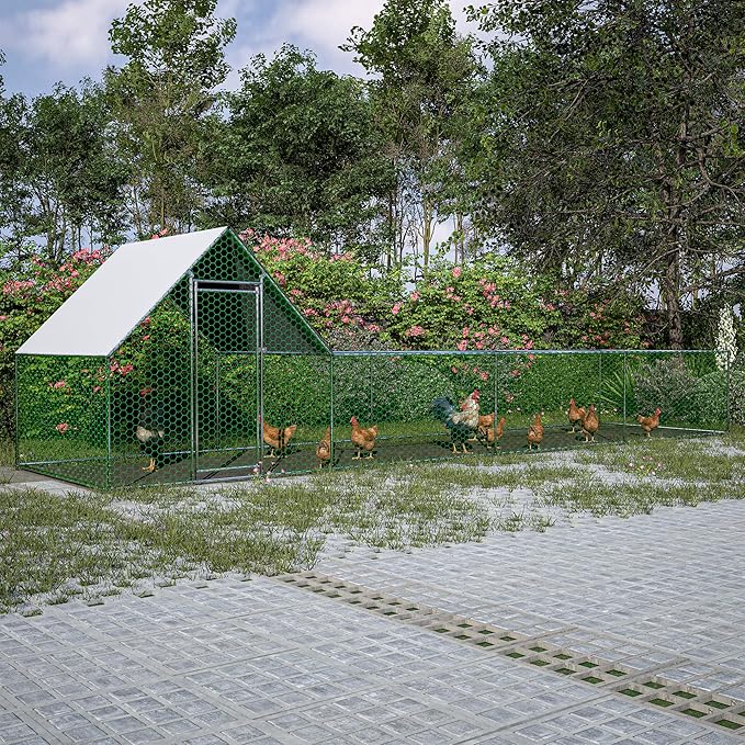 KEIKI Large Metal Chicken Coop, Metal Chicken Run with Waterproof Cover, Farm Poultry Run Hutch Hen House, Outdoor Walk-in Chicken Pen for Poultry Duck Rabbit, 26.08ft x 6.72ft x 6.67ft
