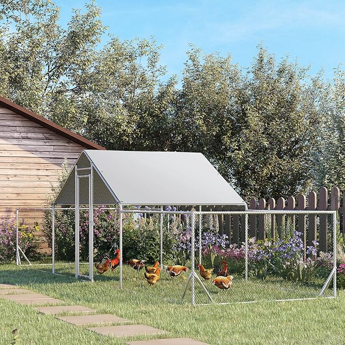 PawHut Large Chicken Coop Metal Chicken Run for Chickens with Waterproof and Anti-UV Cover, Spire Shaped Walk in Fence Cage Hen House for Outdoor and Yard Farm Use, 1" Dia, 23' x 6.6' x 6.4'