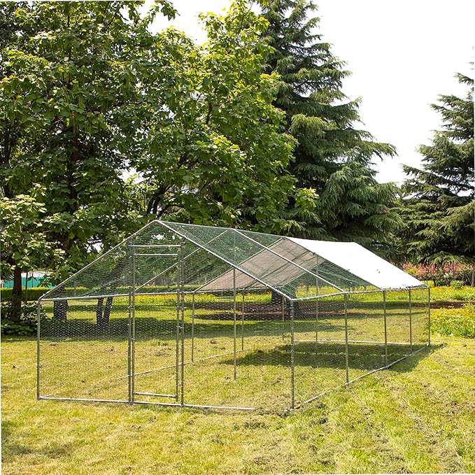 IchbinGo Large Metal Chicken Coop with Waterproof Cover, Walk-in Metal Poultry Cage Spire Shaped Coop, Chicken Run Duck House with Anti-UV Cover for Outdoor Backyard Farm (10' L x 25.5' W x 6.56' H)