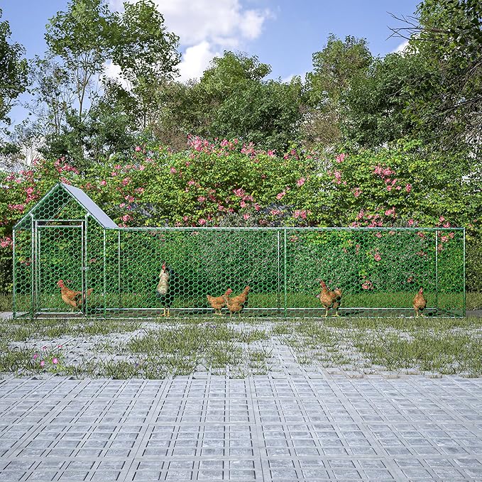 KEIKI Large Metal Chicken Coop, Metal Chicken Run with Waterproof Cover, Farm Poultry Run Hutch Hen House, Outdoor Walk-in Chicken Pen for Poultry Duck Rabbit, 16.33ft x 3.52ft x 4.97ft
