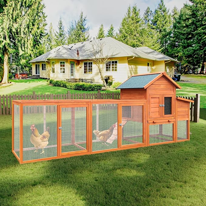 122" Wood Chicken Coop with Nesting Box,Outdoor Chicken Run W/Run&Perch,Wooden Large Hen House W/Ramp&Sliding Trays,Waterproof Poultry Cage W/Sloped Asphalt Roof,for Backyard Farm Use,Natural