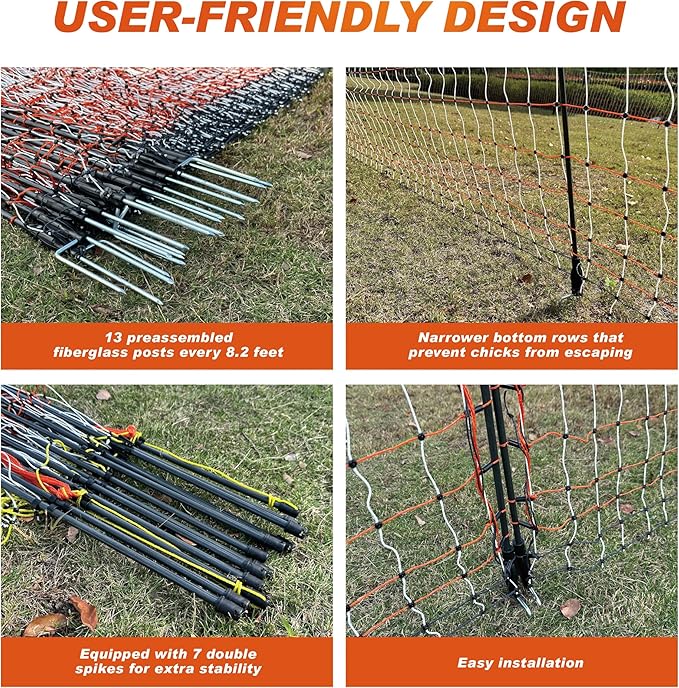 Poultry Electric Netting Fence - 41.3''H (can be Manually Raised to 53.1''H) x 98.5'L for Flying Chicken, Sheep, Goats in Farms, Ranches and Gardens, PK1