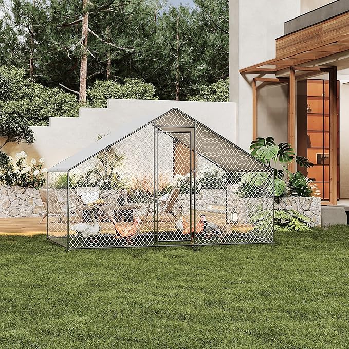 Large Metal Chicken Coop with Waterproof Cover, 10 x6.5 x 6.5 Ft Walk-in Chicken Runs for Yard, Galvanized Wire Poultry Chickens Hen Pen Cage for Backyard Farm